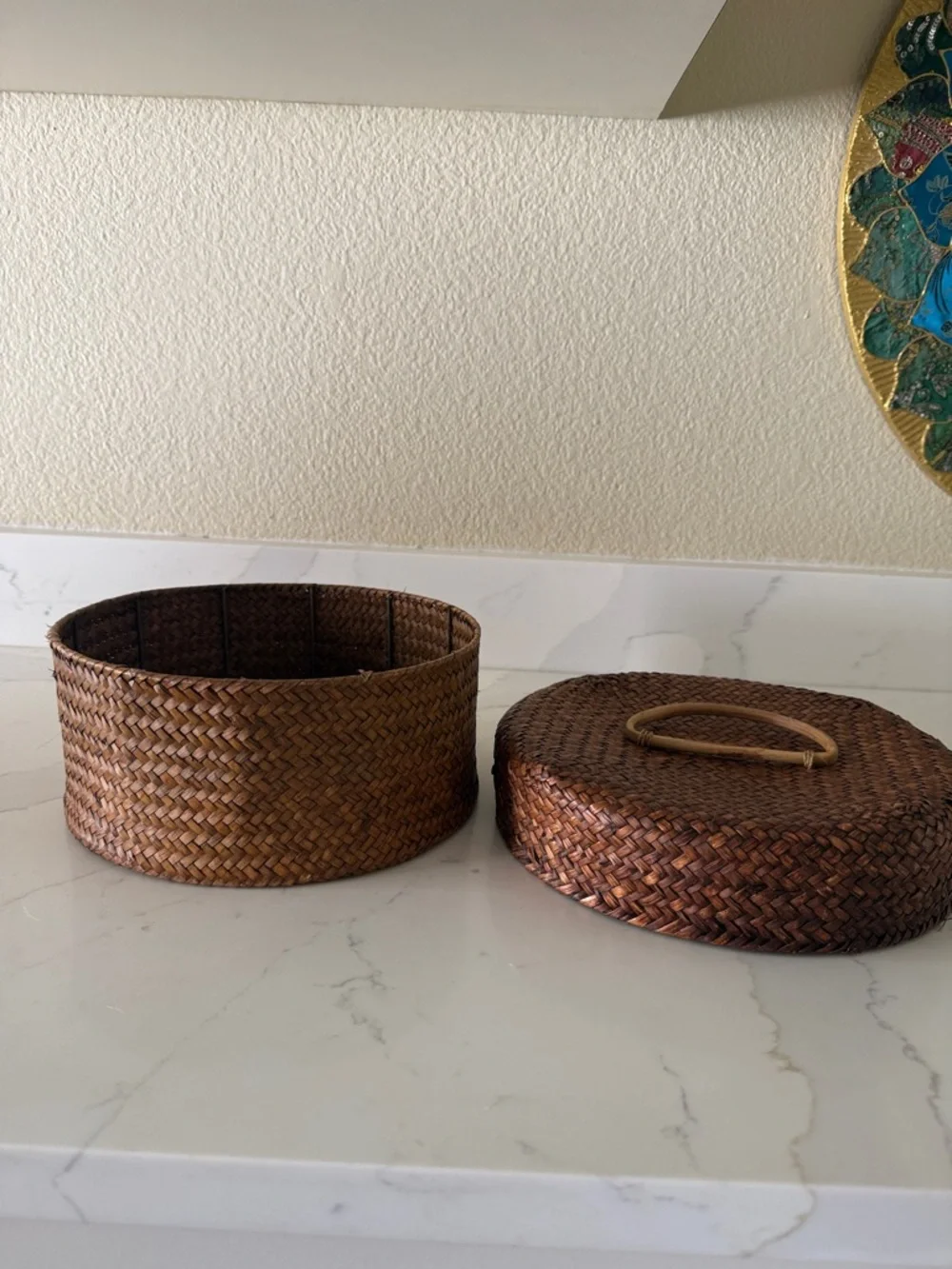 Vintage Woven Basket with Lid Bamboo Handle